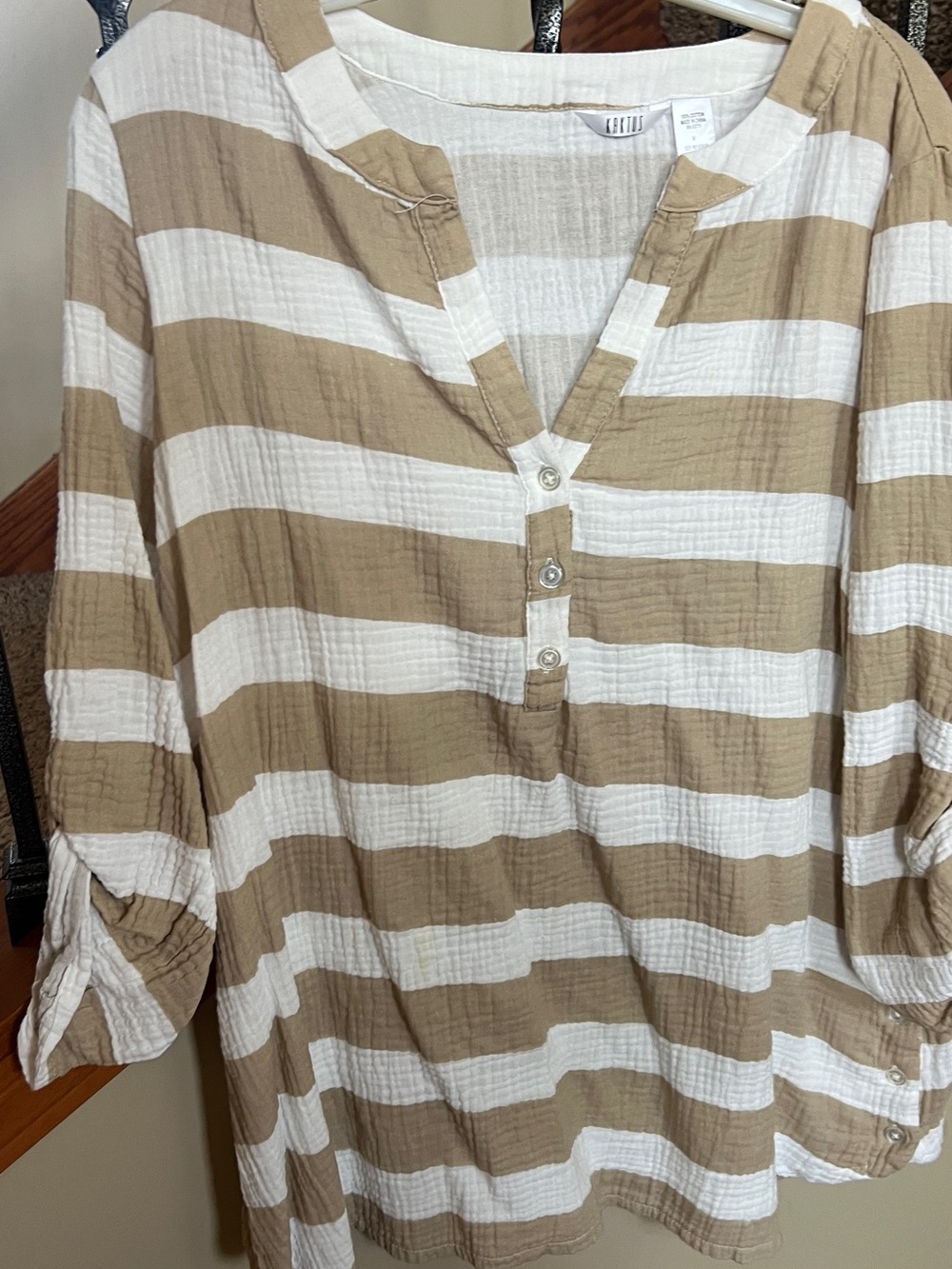 Kaktus Beige & White Striped Henley Tunic 100% cotton